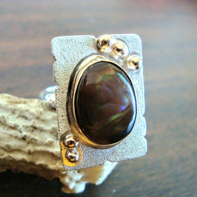 RSD-009 Fire Agate/SS/14K Rectangle Ring