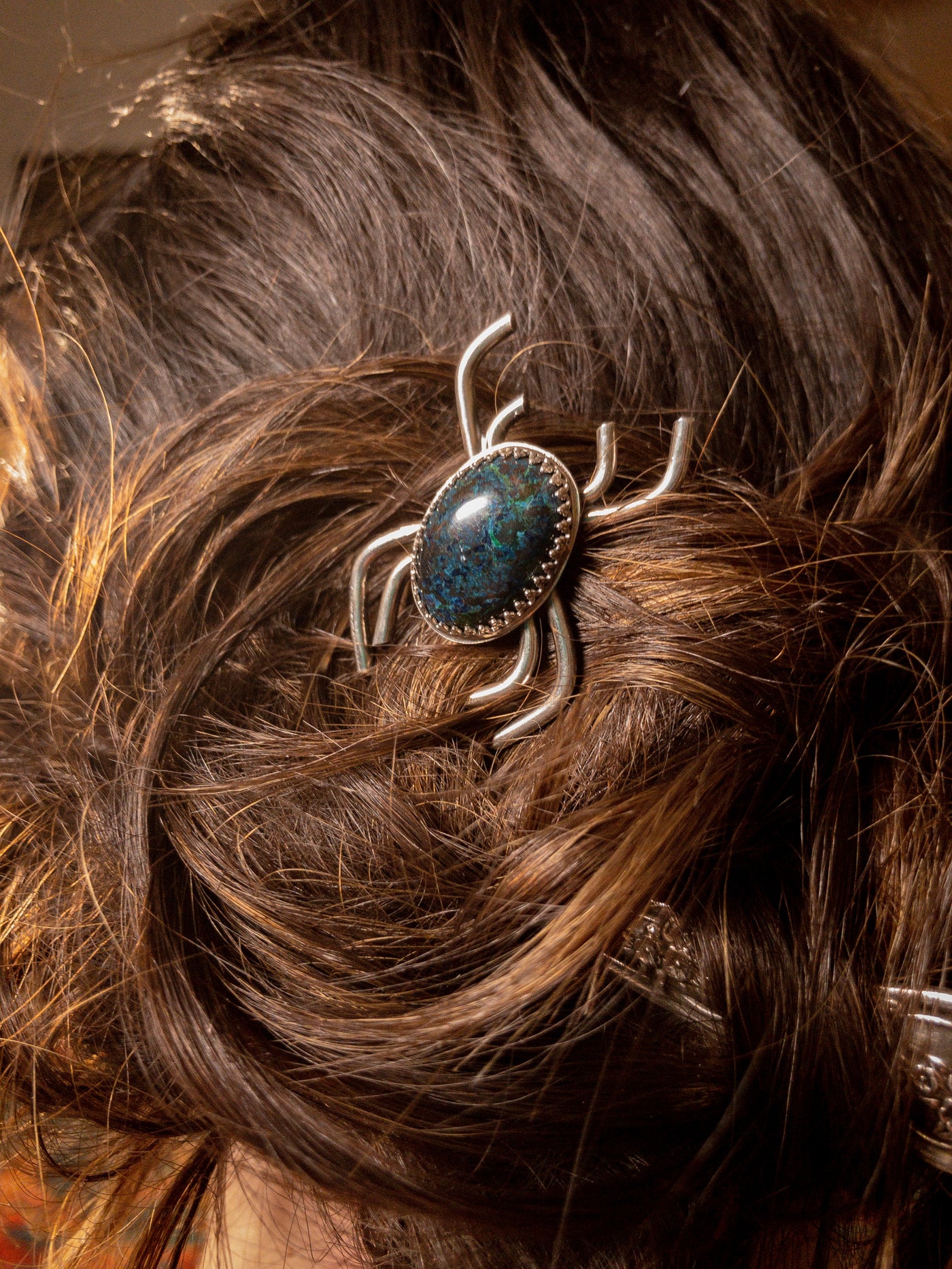 SB-006 Sterling Silver Spider Hairpin with Azurite