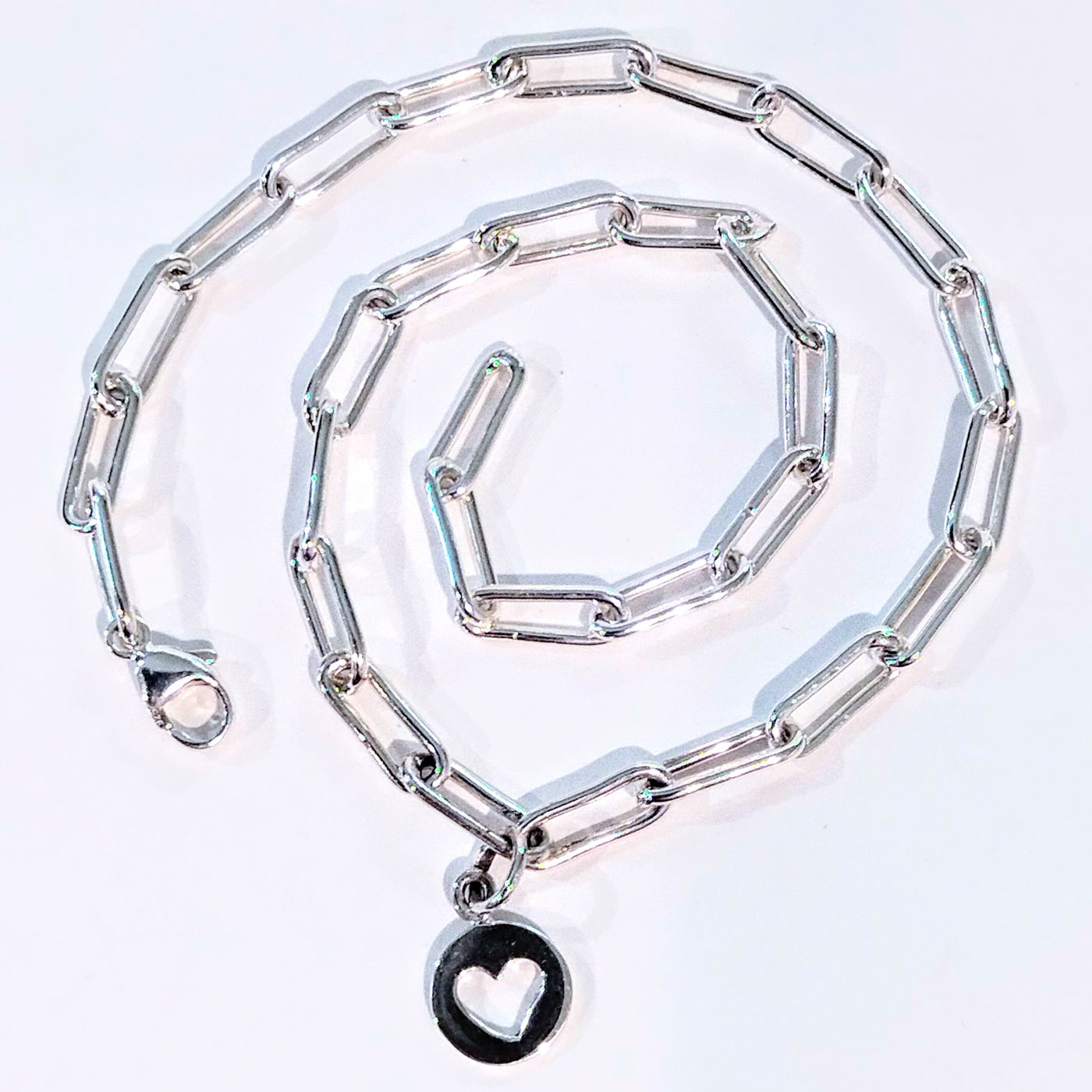 DJT-014- Sterling Small Link Paper Clip Chain Anklet W/ Heart Charm 10"