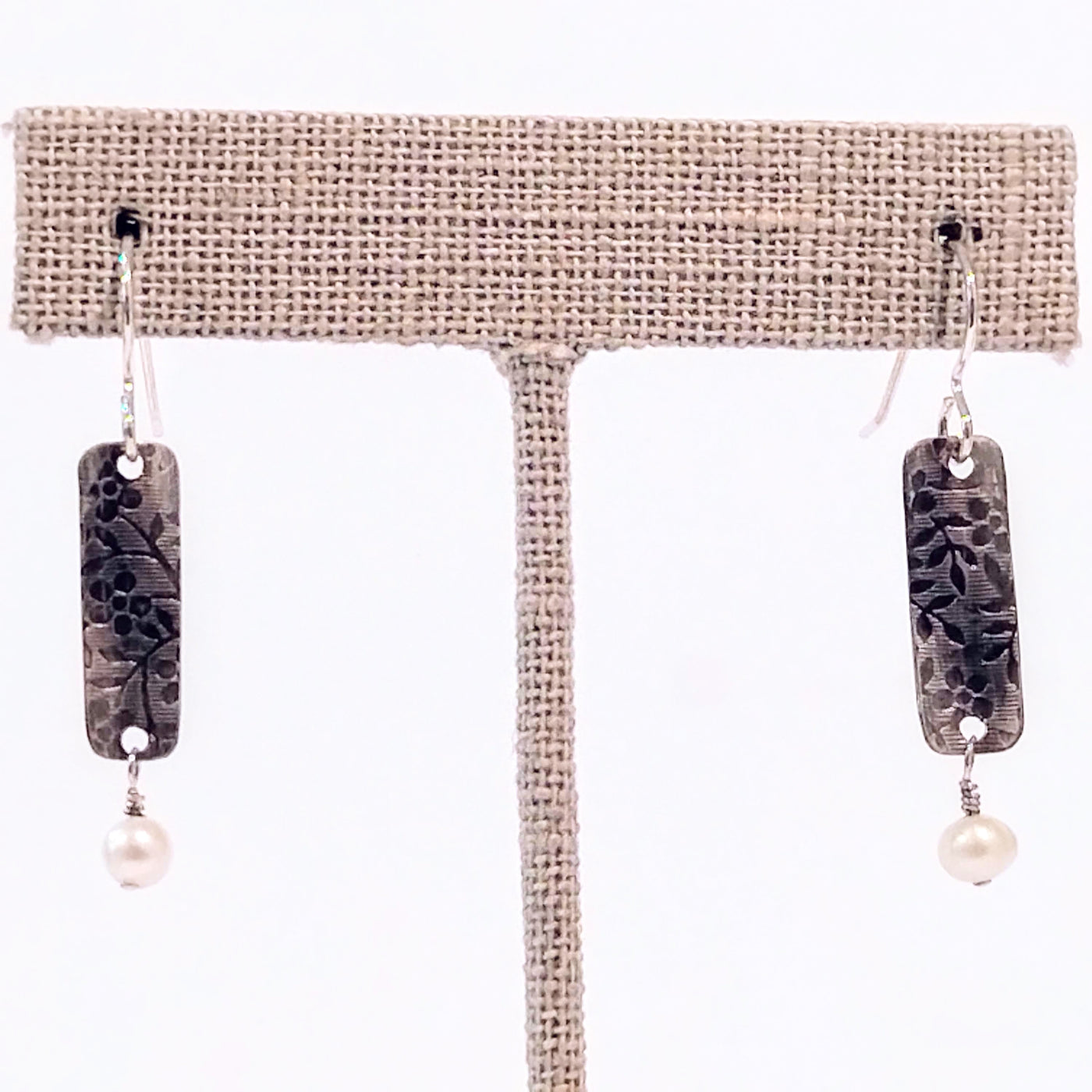 SA-087 Long Textured Rectangle with Pearl Earrings