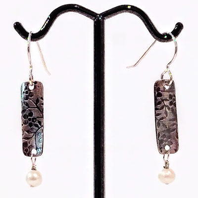 SA-087 Long Textured Rectangle with Pearl Earrings