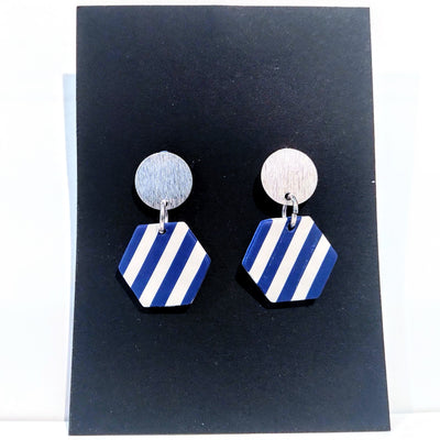 LA-006 Navy and White Striped Hexigon earrings