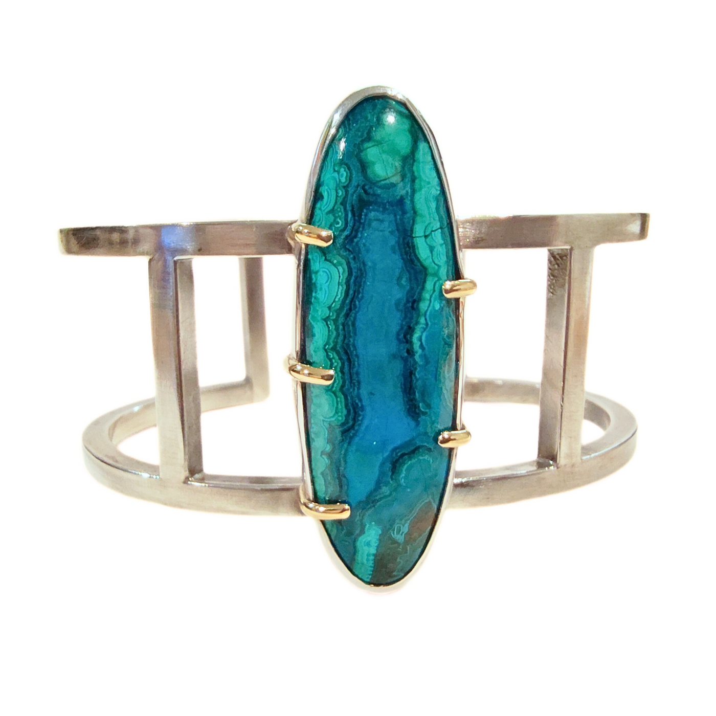 JSD-3022 Gem Silica Chrysocolla SS Cuff Bracelet w/18k Prongs