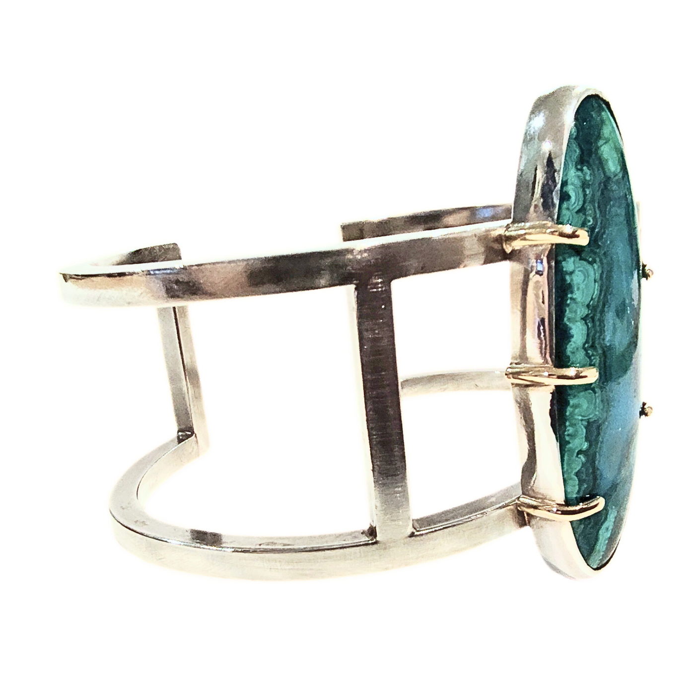 JSD-3022 Gem Silica Chrysocolla SS Cuff Bracelet w/18k Prongs