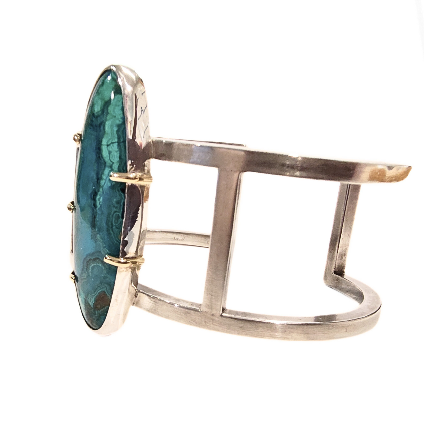 JSD-3022 Gem Silica Chrysocolla SS Cuff Bracelet w/18k Prongs