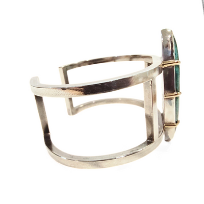 JSD-3022 Gem Silica Chrysocolla SS Cuff Bracelet w/18k Prongs