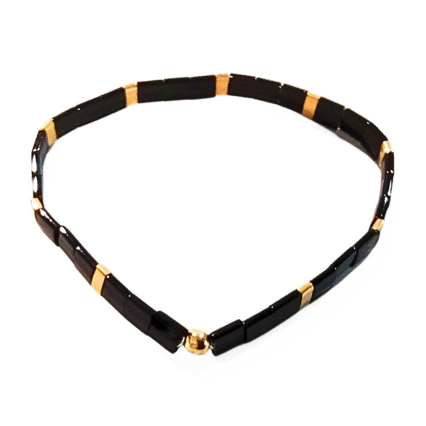 DJT-054 Miyuki Bead Stretch Bracelet, Black and Gold