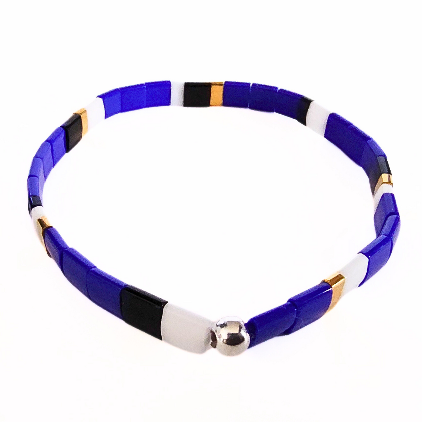 DJT-055 Miyuki Bead Bracelet Cobalt, Black White, Gold, Stretch