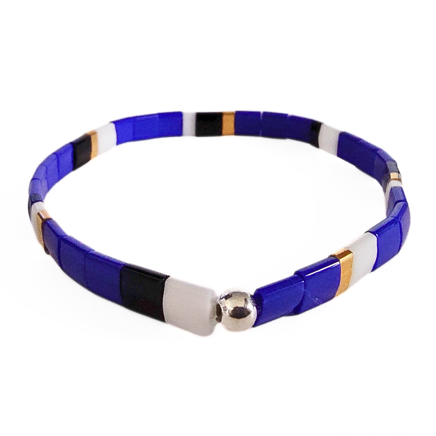 DJT-055 Miyuki Bead Bracelet Cobalt, Black White, Gold, Stretch