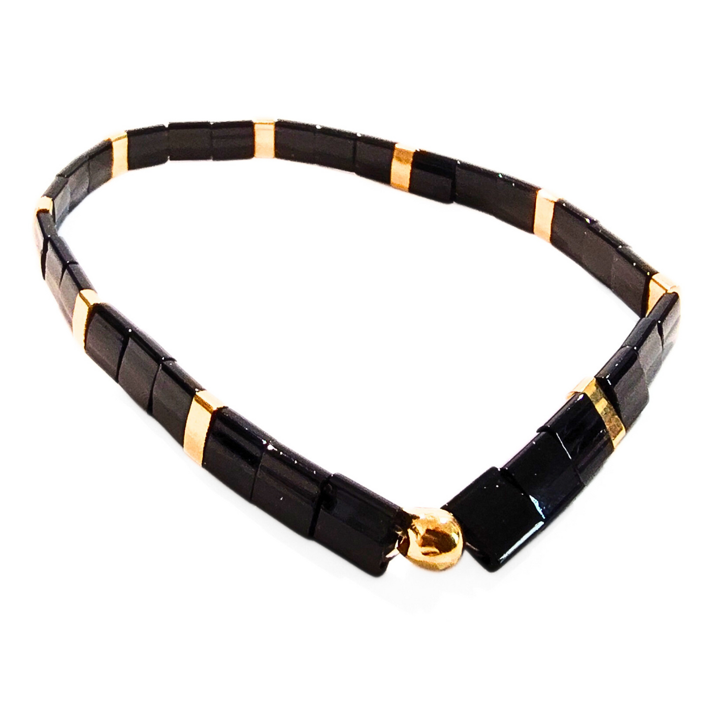 DJT-054 Miyuki Bead Stretch Bracelet, Black and Gold