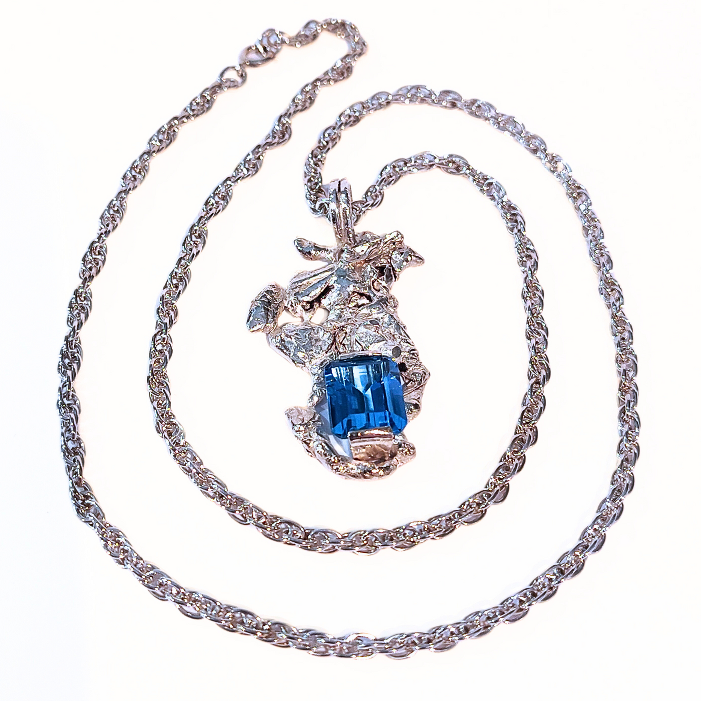 JGS-012 Sterling Silver Casting, Emerald Cut Blue Topaz, SS Chain