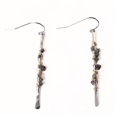 DS-397 Hammered SS Drop Earrings with Raw Diamonds