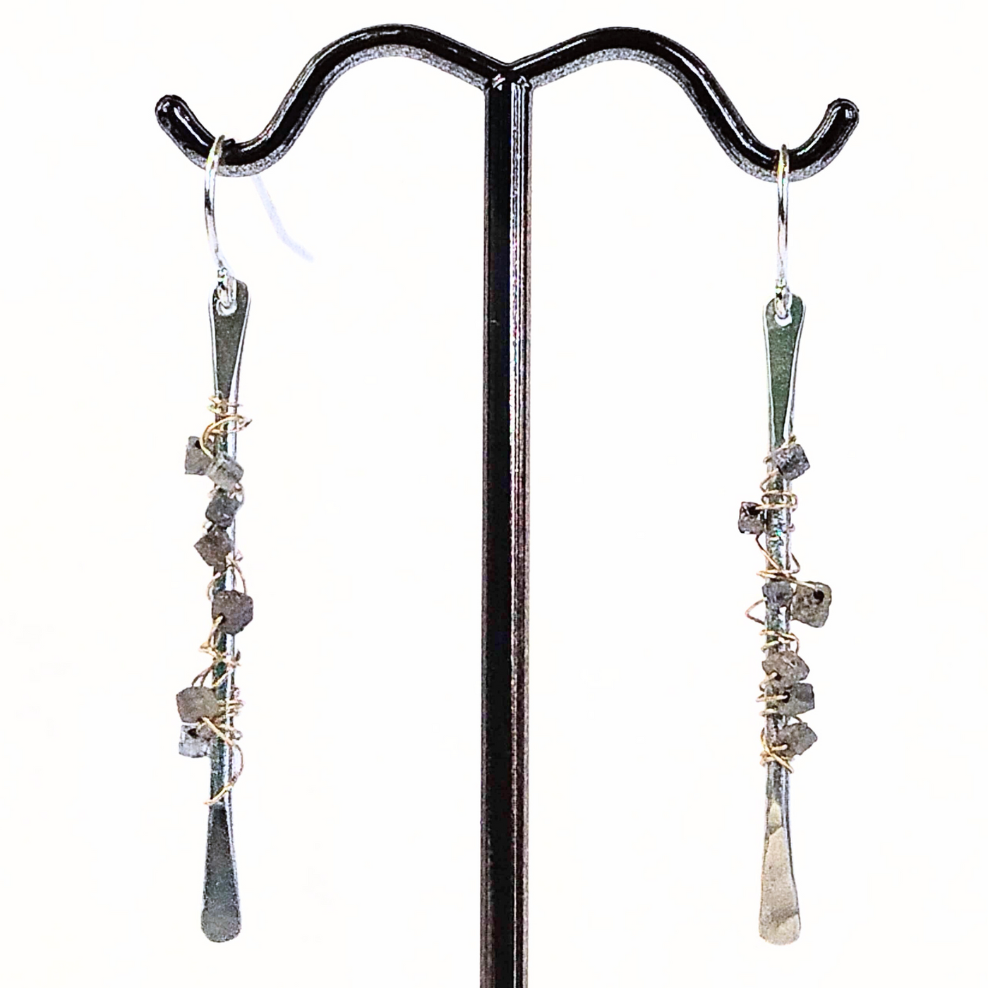 DS-397 Hammered SS Drop Earrings with Raw Diamonds
