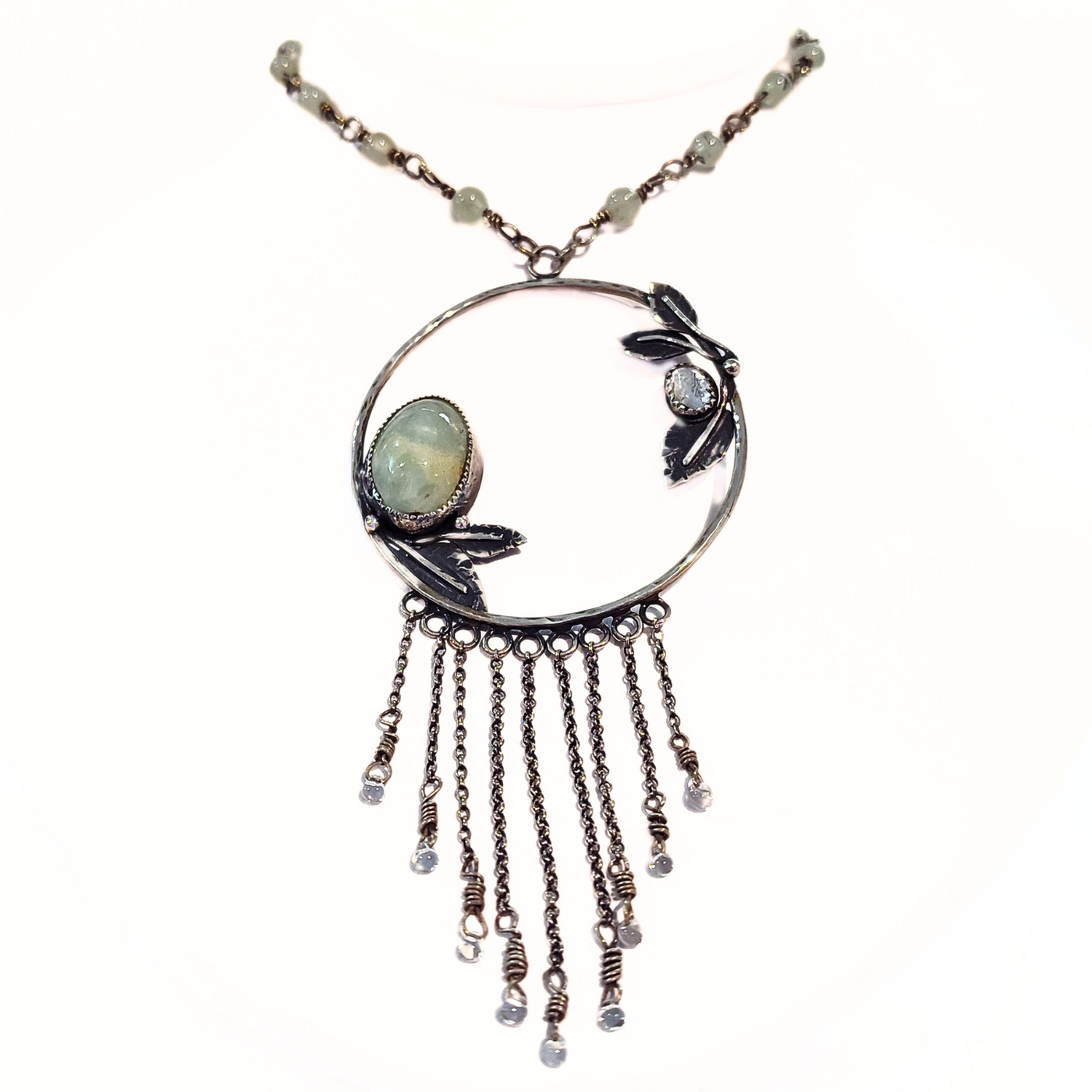 JES-009 Prehnite and White Quartz Beaded Necklace Sterling