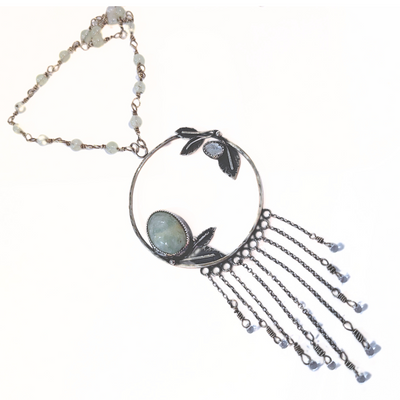 JES-009 Prehnite and White Quartz Beaded Necklace Sterling