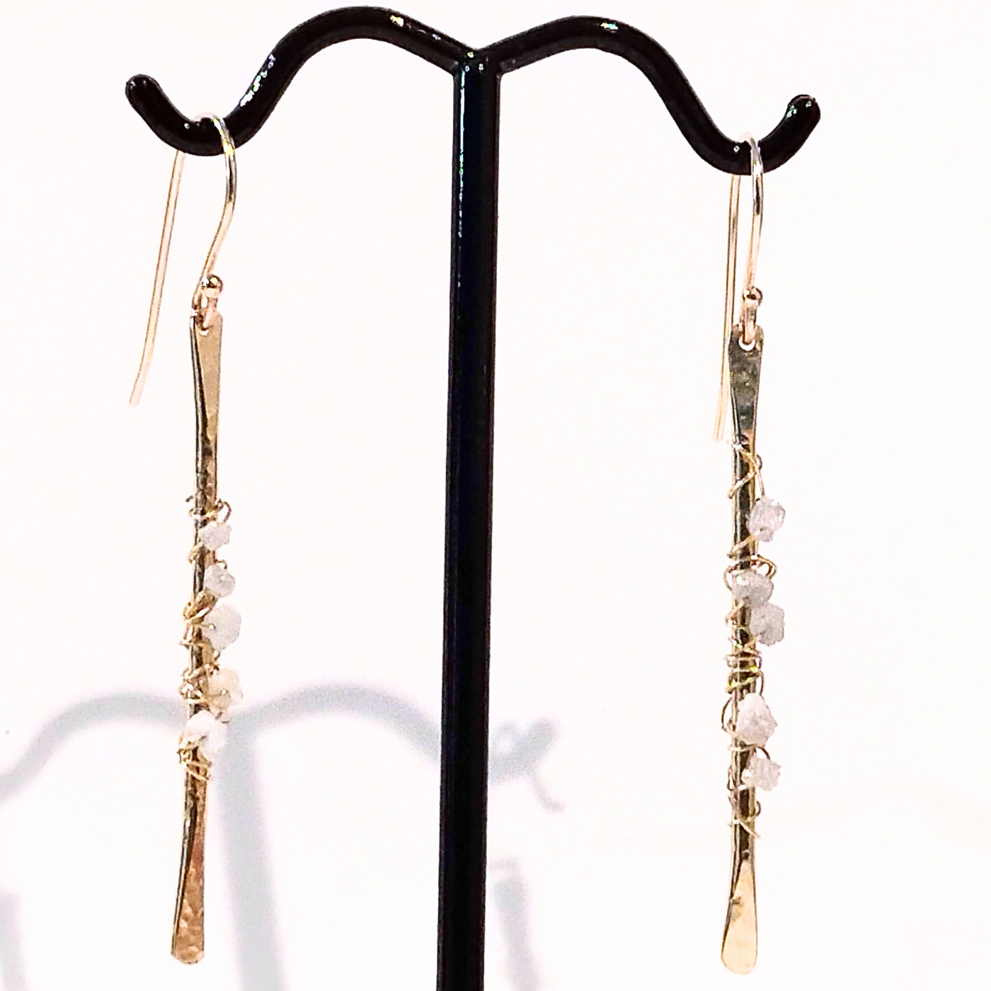 DS-398 Hammered 18K Gold Drop Earrings with Raw Diamonds