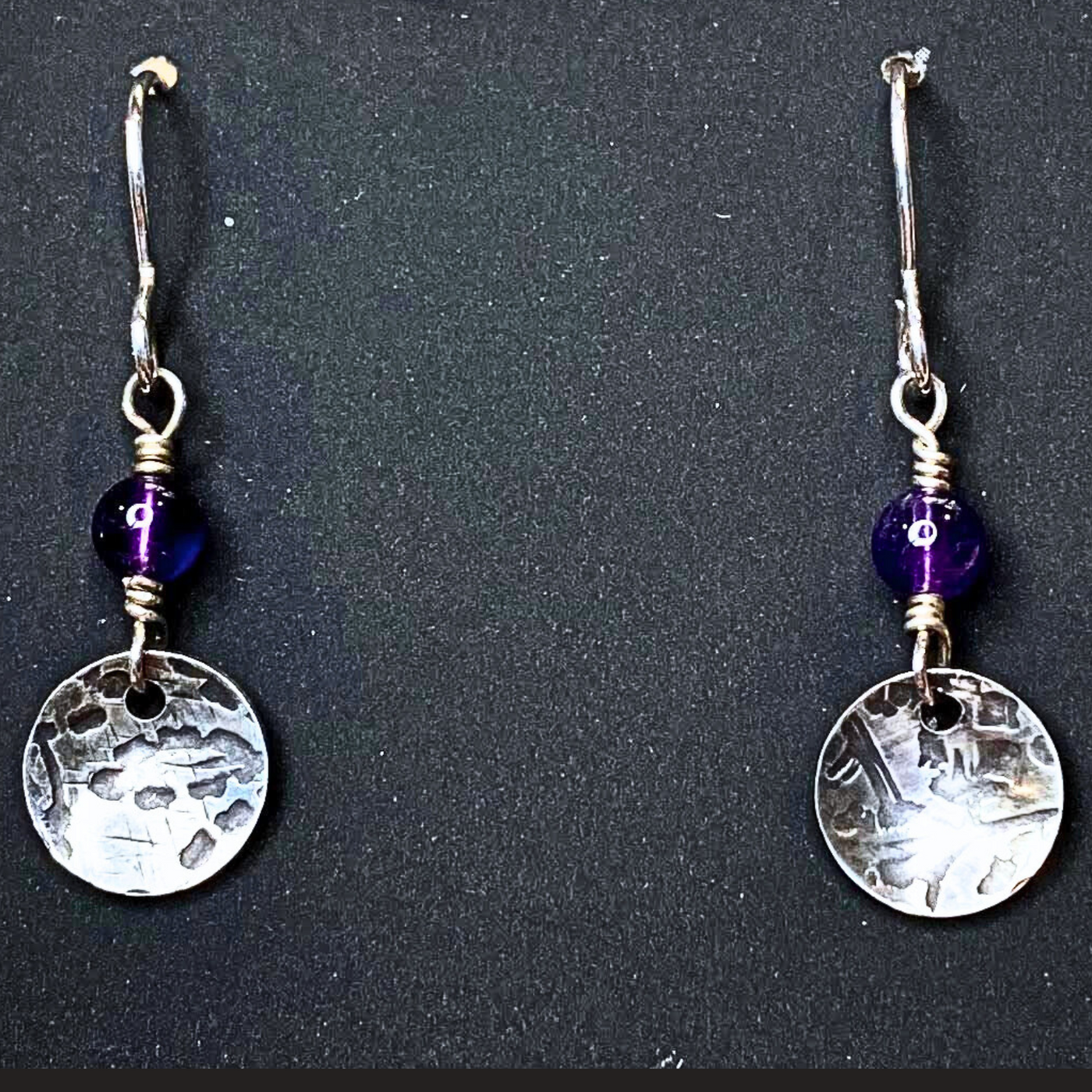 SA-062 Textured Small Concave Disc Drop w/Amethyst Earrings