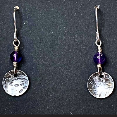 SA-062 Textured Small Concave Disc Drop w/Amethyst Earrings