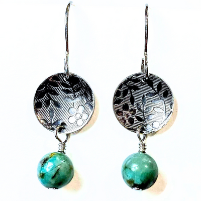 SA-061 Textured Small Disc Concave Dome African Turquoise Drop Earrings