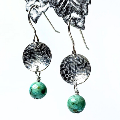 SA-061 Textured Small Disc Concave Dome African Turquoise Drop Earrings