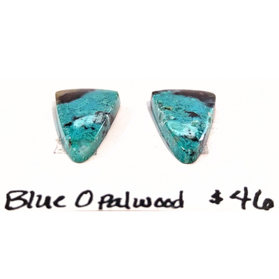 BOW-1001 Blue Opal Wood Cabochon Pair