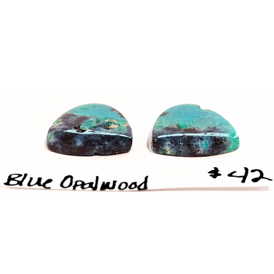 BOW-1000 Blue Opal Wood Cabochon Pair
