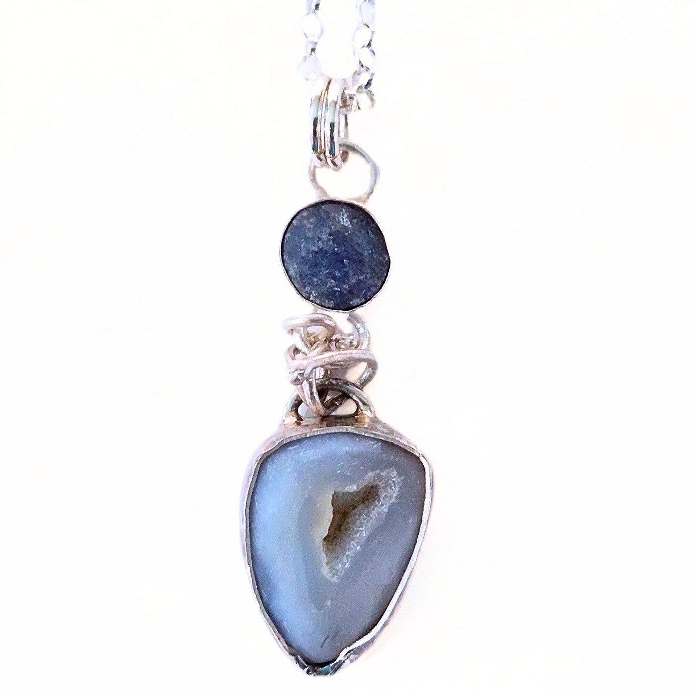 JEM-068 Blue Druzy Agate and Sapphire Pendant