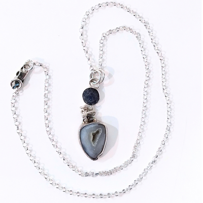 JEM-068 Blue Druzy Agate and Sapphire Pendant