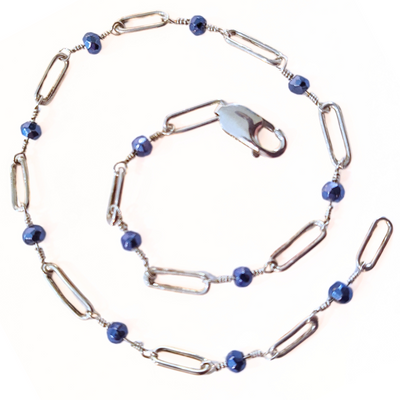 DJT-031 Blue Painted Pyrite and Sterling Anklet 10.5"