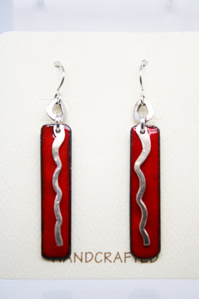 GEB-169 Red Rectangle and Silver Wiggle Earrings