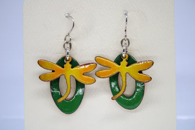 GEB-170 Yellow Dragonfly/Green Oval Earrings